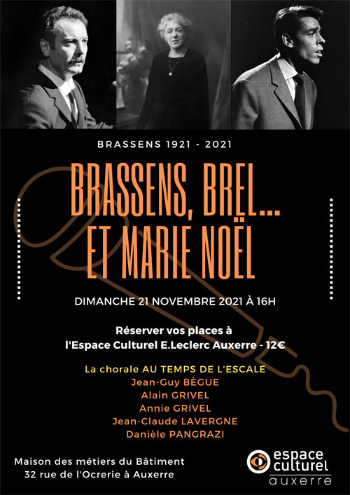 Poèmes et chansons : "Brassens, Brel et Marie Noël... une surprenante connivence" – Auxerre (Amphithéâtre de la Maison des Métiers du Bâtiment / FFB de l'Yonne) (affiche de l’événement)