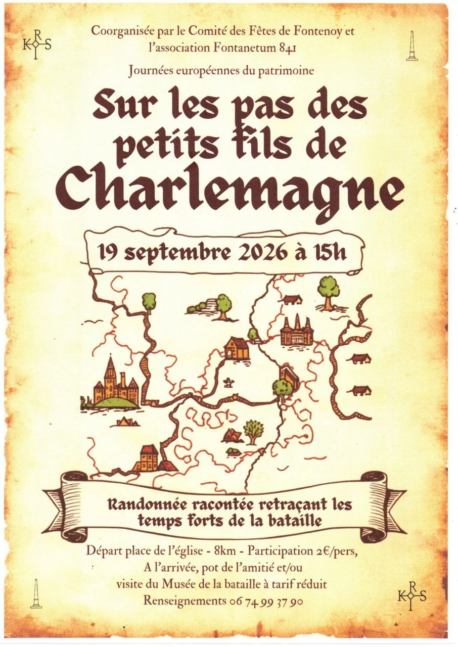 "Sur les pas des petits fils de Charlemagne" : Randonnée de 8km racontée retraçant les temps forts de la bataille / Journées européennes du patrimoine – Fontenoy (Départ place de l’église) (affiche de l’événement)