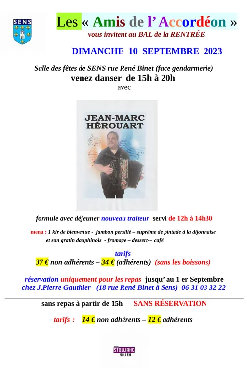 Repas et bal de la rentrée Jean-Marc Hérouart et les Amis de l'Accordéon (avec ou sans repas) – Sens (Salle des fêtes) (affiche de l’événement)