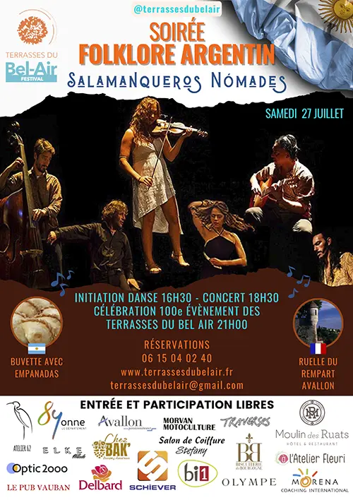 Soirée Folklore Argentin avec les Salamanqueros Nómades (chants, musiques et danses issus d'un peuple cultivant lumière dans l'esprit) dans le cadre du Festival Terrasses du Bel-Air – Avallon (Ruelle du Rempart) (affiche de l’événement)