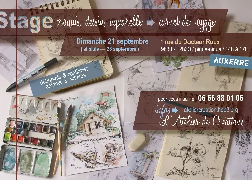 Stage de dessin, croquis, aquarelle > Carnet de voyage (10ème édition / Pour débutants et confirmés / Enfants et adultes) avec Mathias Pellegrino – Auxerre (L'Atelier de Créations d'Auxerre / 1 rue du docteur Roux) (affiche de l’événement)
