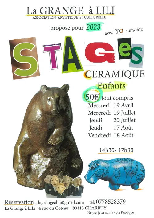 Stage Céramique pour enfants avec l'artiste Yo Netange – Charbuy (La Grange à Lili) (affiche de l’événement)