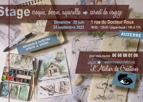 Stage de dessin (croquis, aquarelle, carnet de voyage) avec Mathias Pellegrino (enseignant en arts appliqués et formateur à l'Académie de Dijon) – Auxerre (L'Atelier de Création / 1 rue du Docteur Roux 89000 Auxerre) (affiche de l’événement)