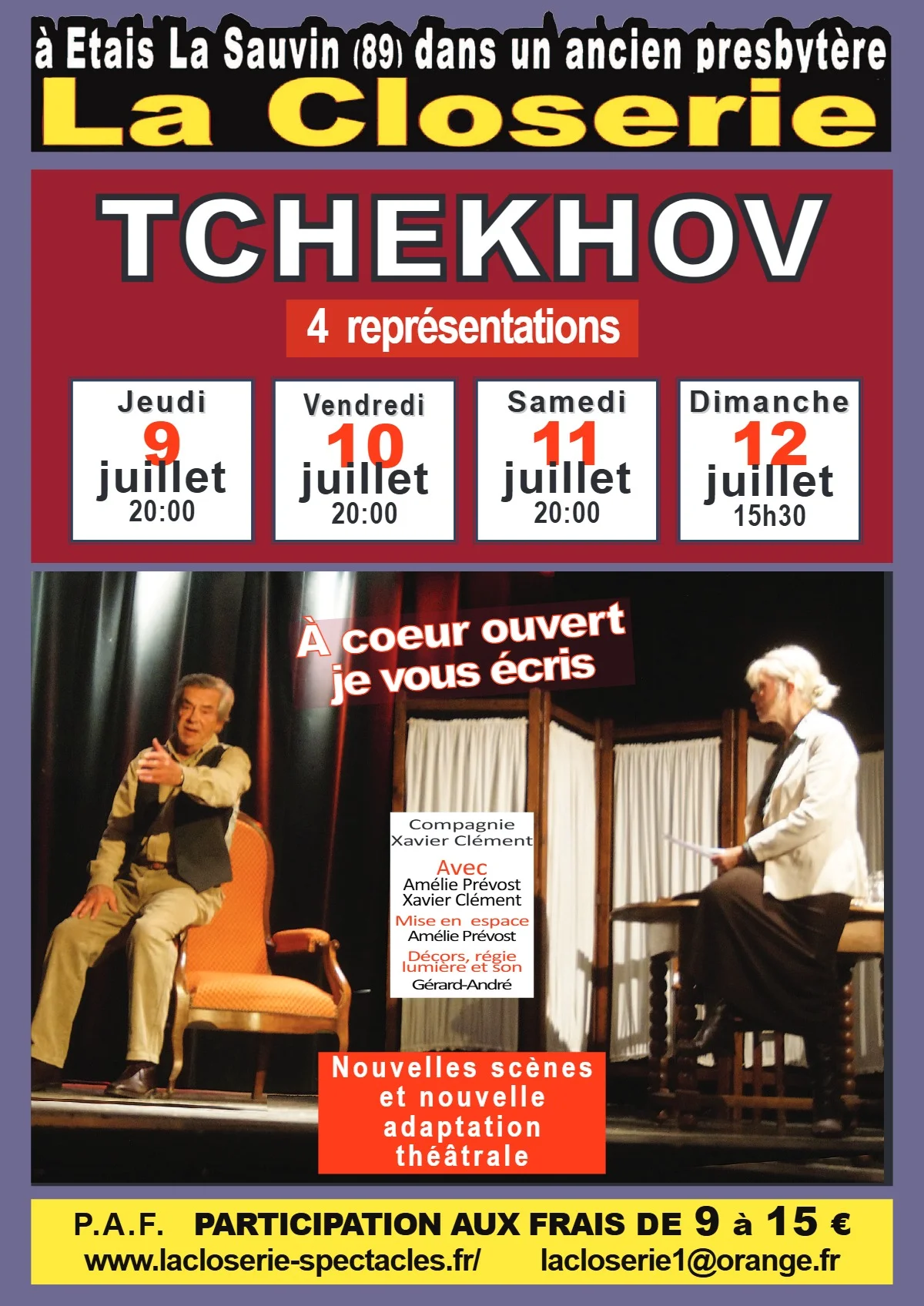 Théâtre Tchekhov "À cœur ouvert je vous écris" avec la Compagnie Xavier Clément (Nouvelles scènes et nouvelle adaptation théâtrale) – Etais-la-Sauvin (Théâtre de la Closerie) (affiche de l’événement)