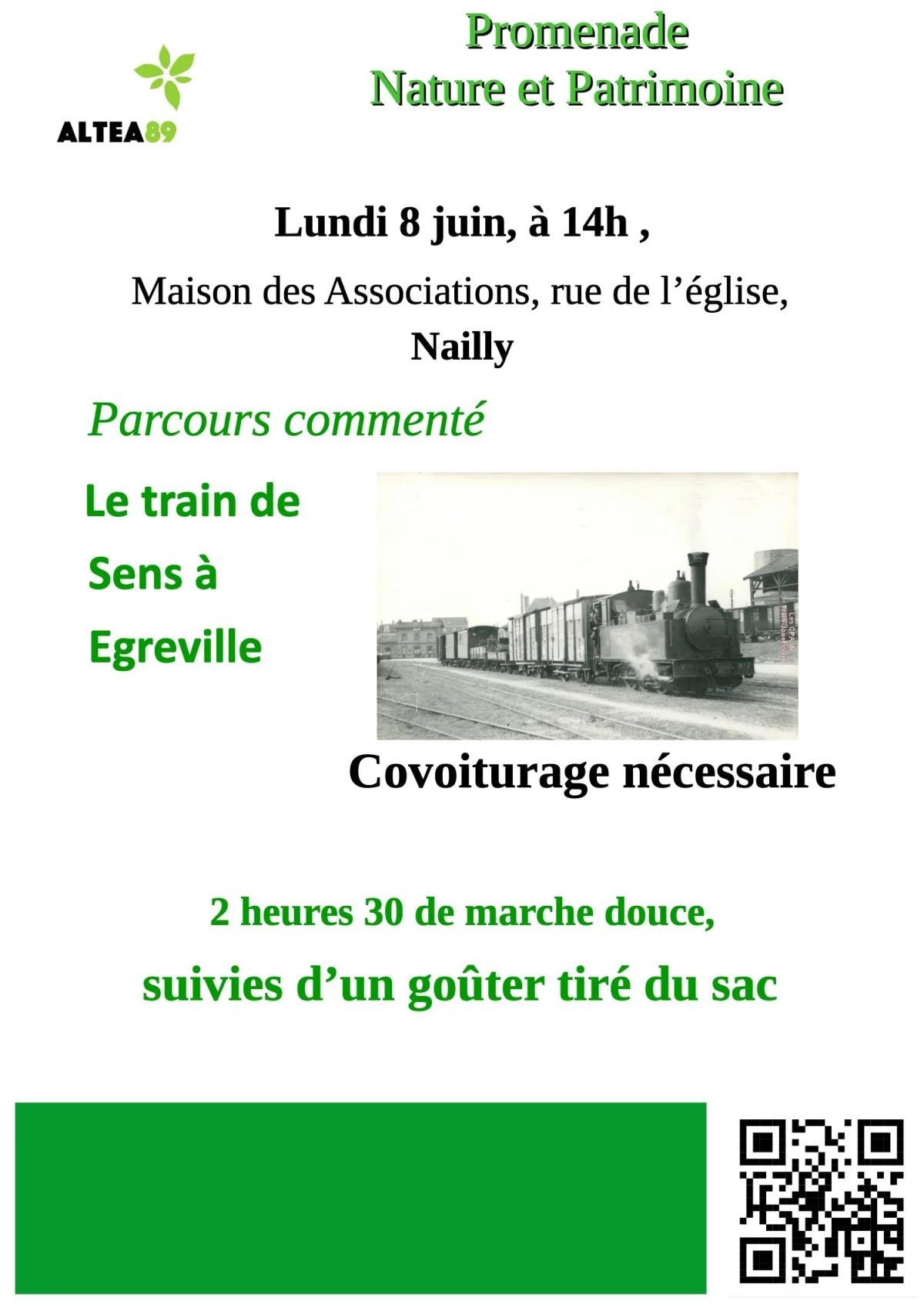 Promenade Nature et Patrimoine - Parcours commenté - Le train de Sens à Egreville – Nailly (Maison des Associations, rue de l’église / déplacement en co-voiturage à 14 heures au départ de Nailly) (affiche de l’événement)