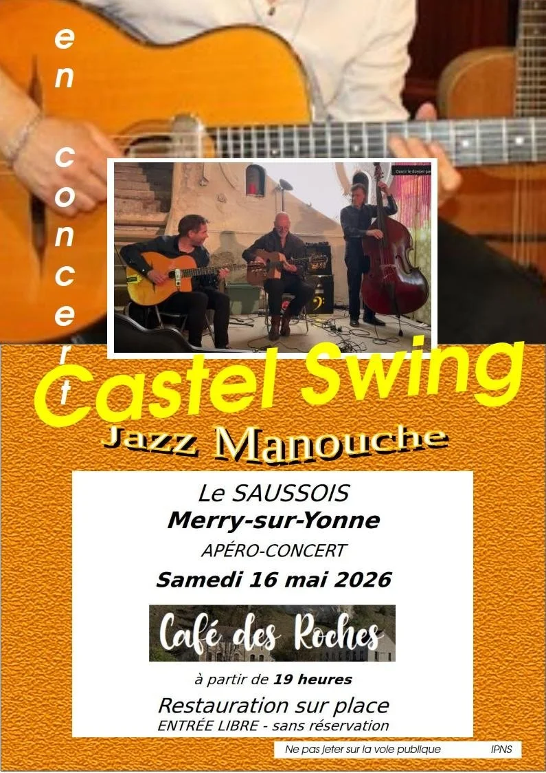 Apero concert jazz manouche avec le groupe Castel Swing – Merry sur Yonne (Le café des Roches - le Saussois) (affiche de l’événement)