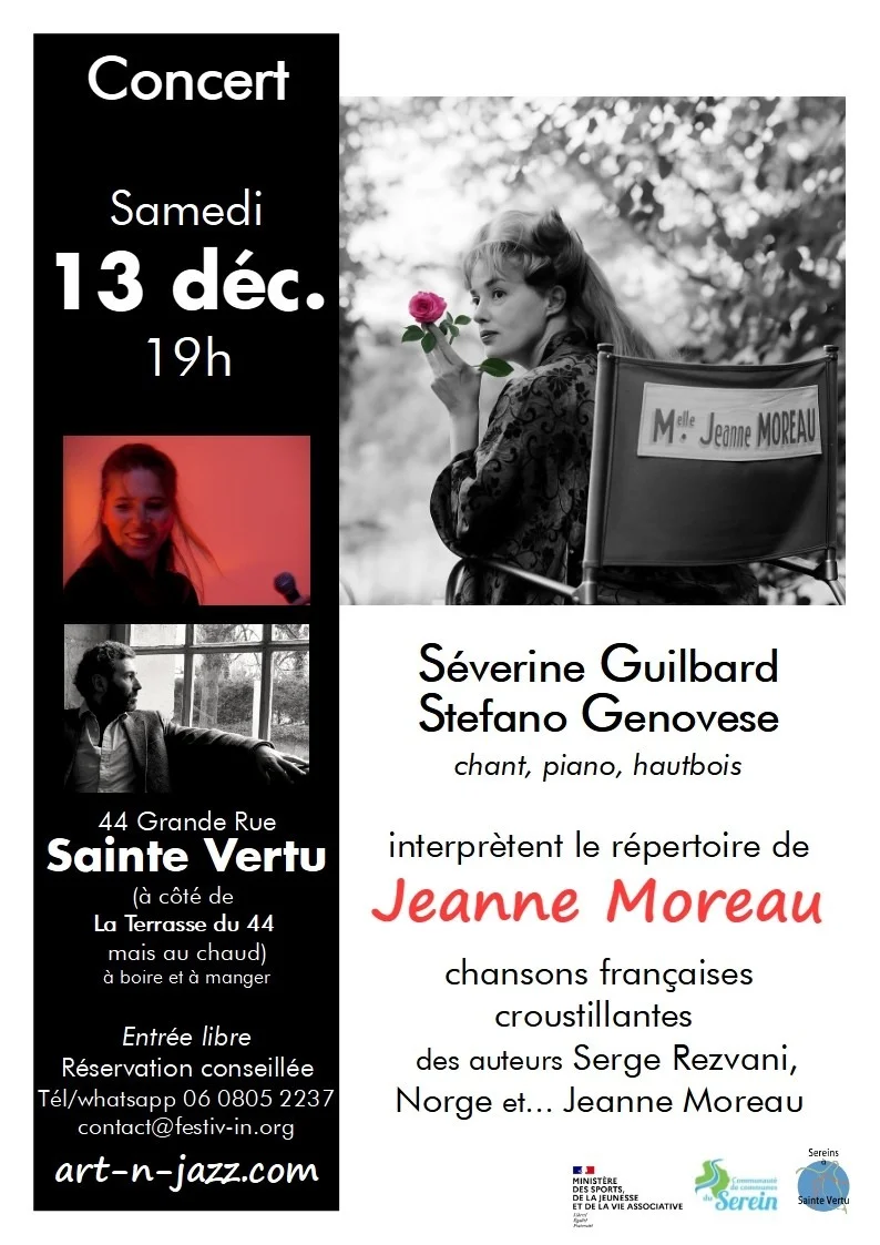 Concert : Séverine Guilbard (chant & hautbois) et Stefano Genovese (piano) interprètent Jeanne Moreau – Sainte Vertu (La Terrasse du 44 / en face, au chaud !) (affiche de l’événement)