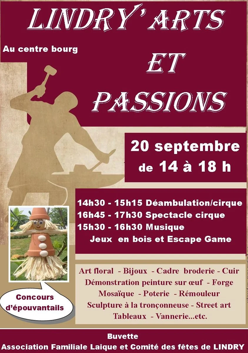 Lindry'Arts et Passions : déambulation, cirque, musique, jeux en bois et Escape Game – Lindry (centre bourg) (affiche de l’événement)