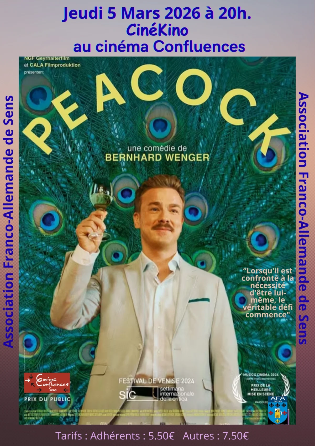 L’Association Franco-Allemande de Sens présente « Peacock » (2024) film de Bernhard Wenger au cinéma Confluences de Sens le jeudi 5 Mars 2026 à 20h. (V.O. sous-titrée) – Sens (Cinéma Confluences) (affiche de l’événement)