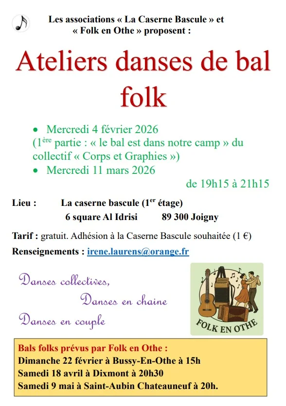Atelier de danses de bal folk. – Joigny (La caserne Bascule) (affiche de l’événement)