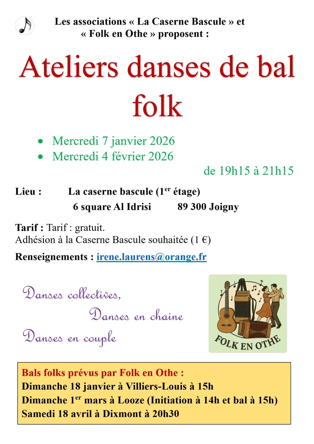 Atelier de danses folks – Joigny (La caserne bascule) (affiche de l’événement)