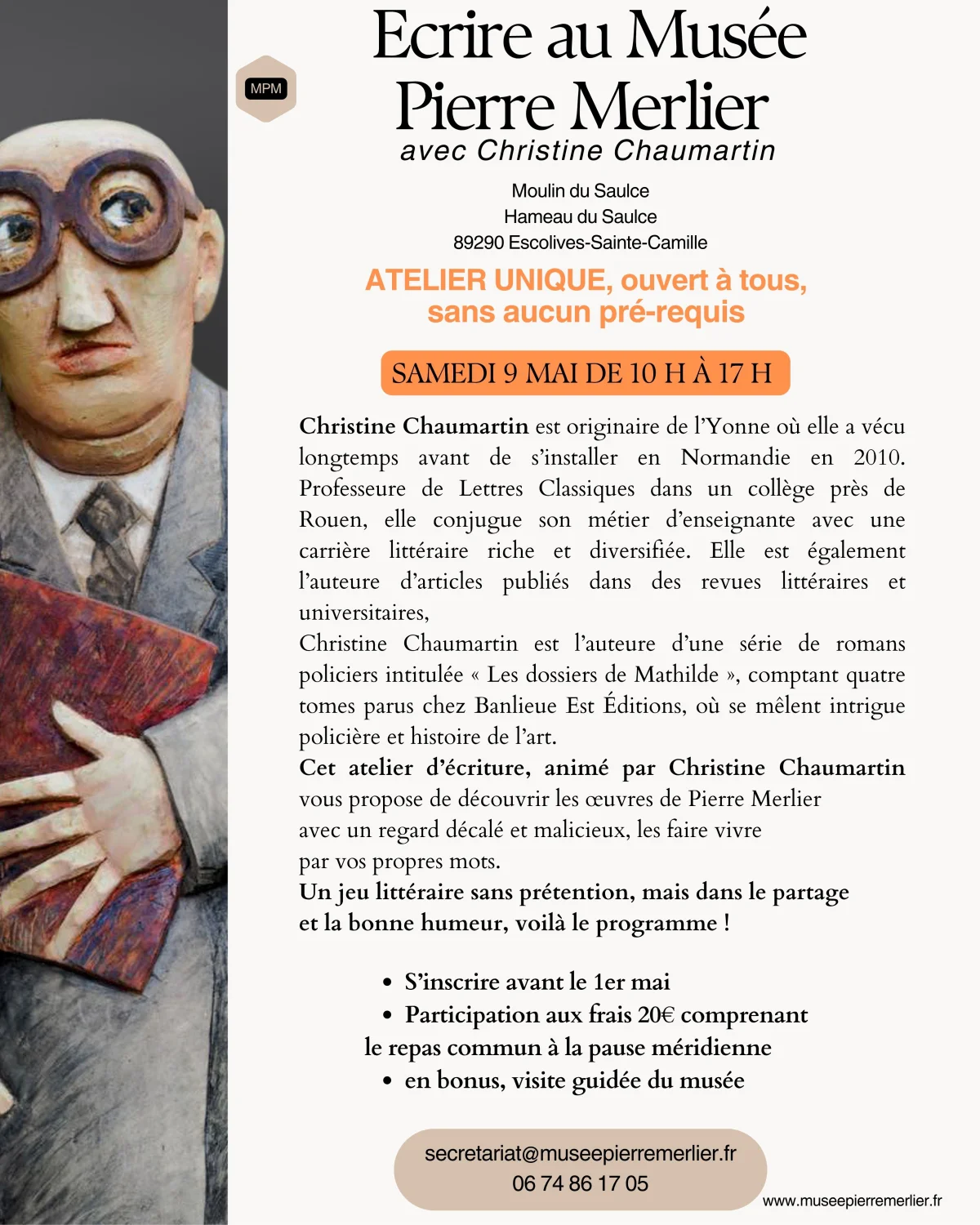 Atelier "Ecrire au Musée Pierre Merlier" avec Christine Chaumartin (ouvert à tous, sans aucun prérequis) – Escolives-Sainte-Camille  (Musée Pierre Merlier / Moulin  du Saulce / Hameau du Saulce) (affiche de l’événement)