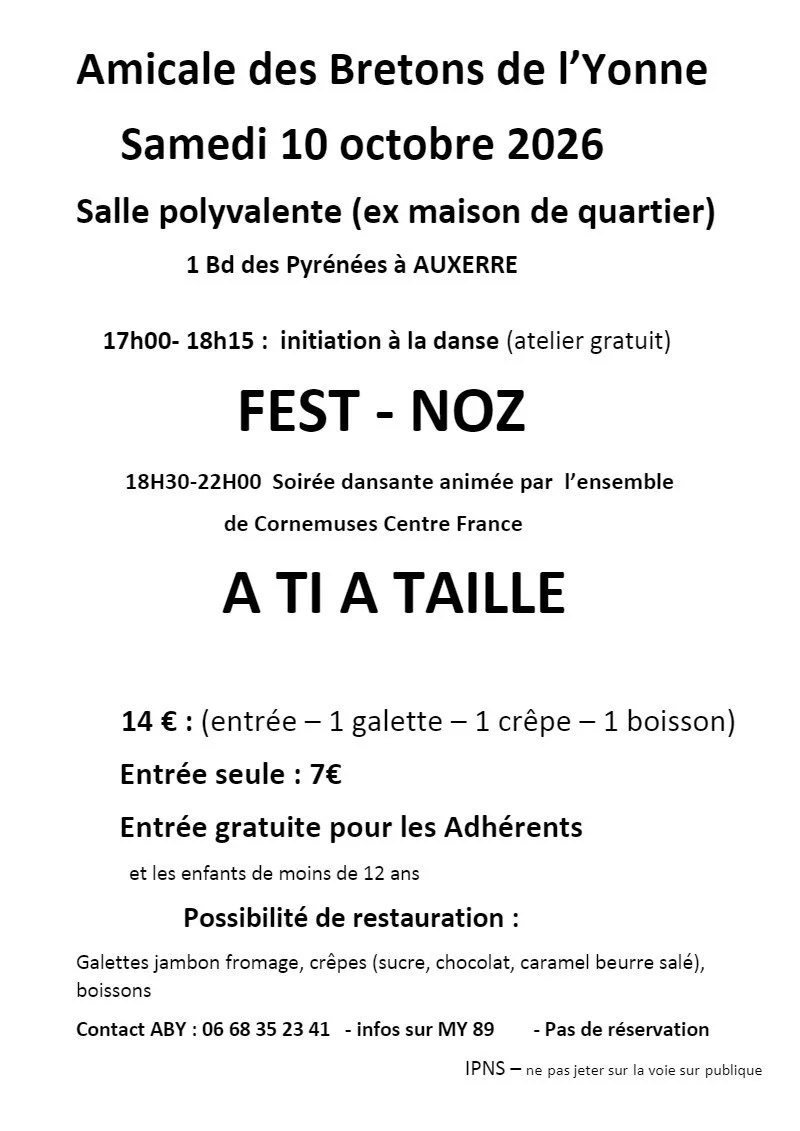 Atelier gratuit initiation aux danses bretonnes suivi d'un Fest-Noz animé par l'ensemble de cornemuses A Ti A Taille – Auxerre (Salle polyvalente / ex maison de quartier / 1 Bd des Pyrénées) (affiche de l’événement)