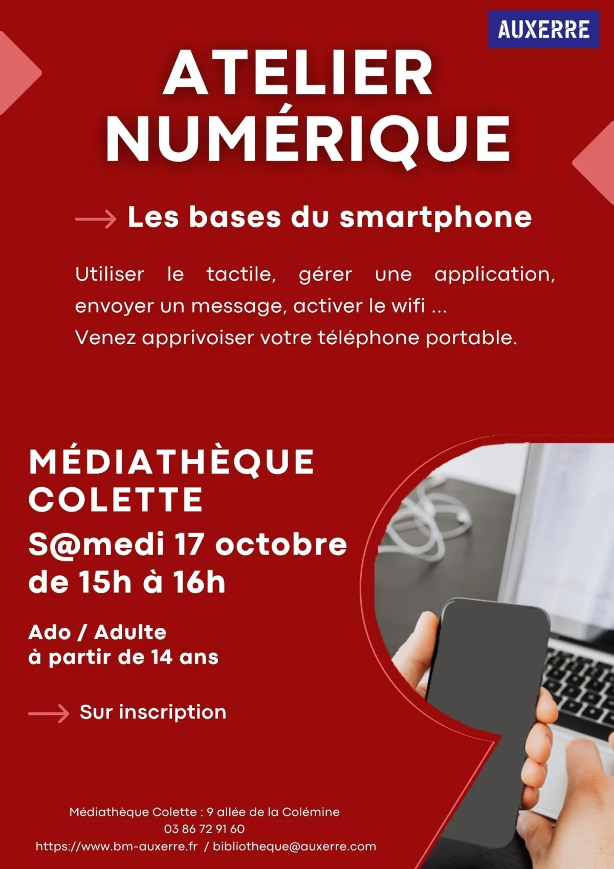 Atelier numérique : les bases du smartphone – Auxerre (Médiathèque Colette) (affiche de l’événement)
