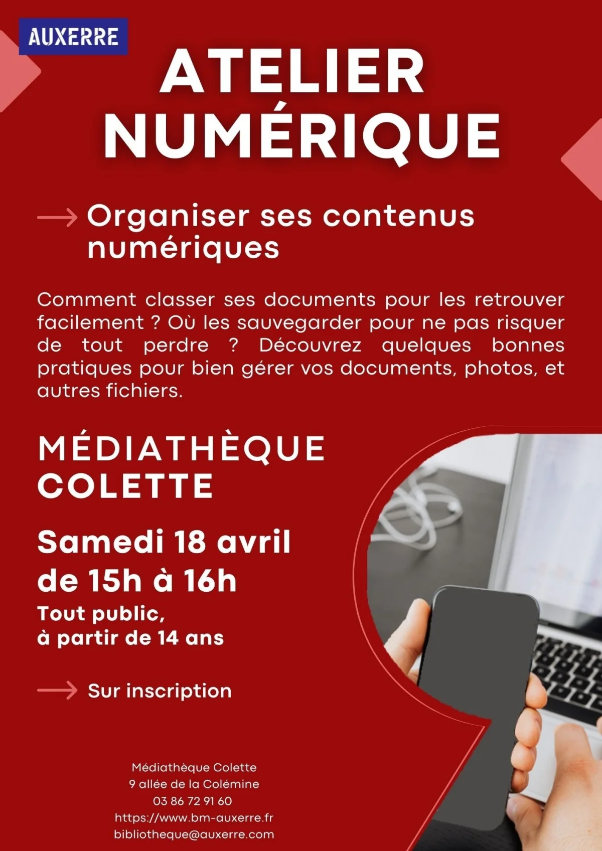 Atelier numérique : Organiser ses contenus numériques – Auxerre (Médiathèque Colette) (affiche de l’événement)