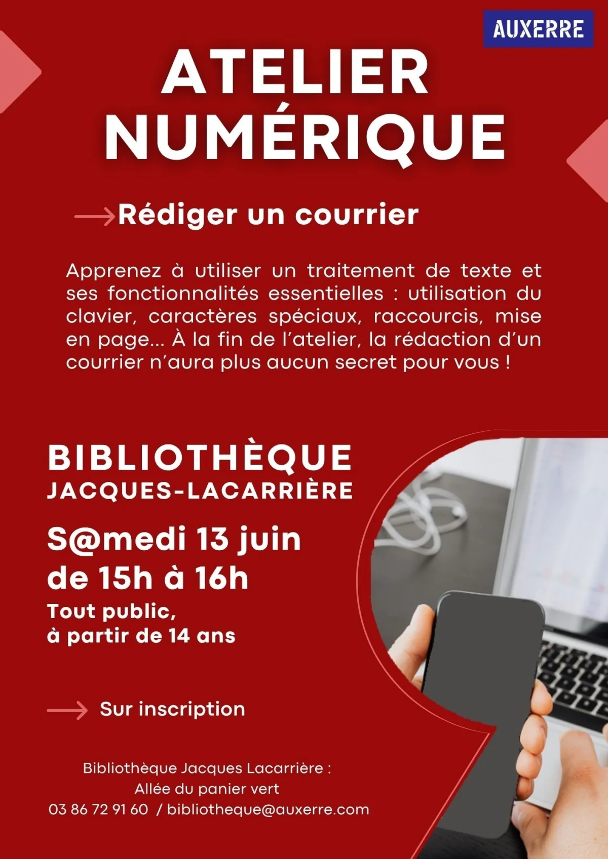 Atelier numérique : rédiger un courrier – Auxerre (Bibliothèque Jacques-Lacarrière) (affiche de l’événement)
