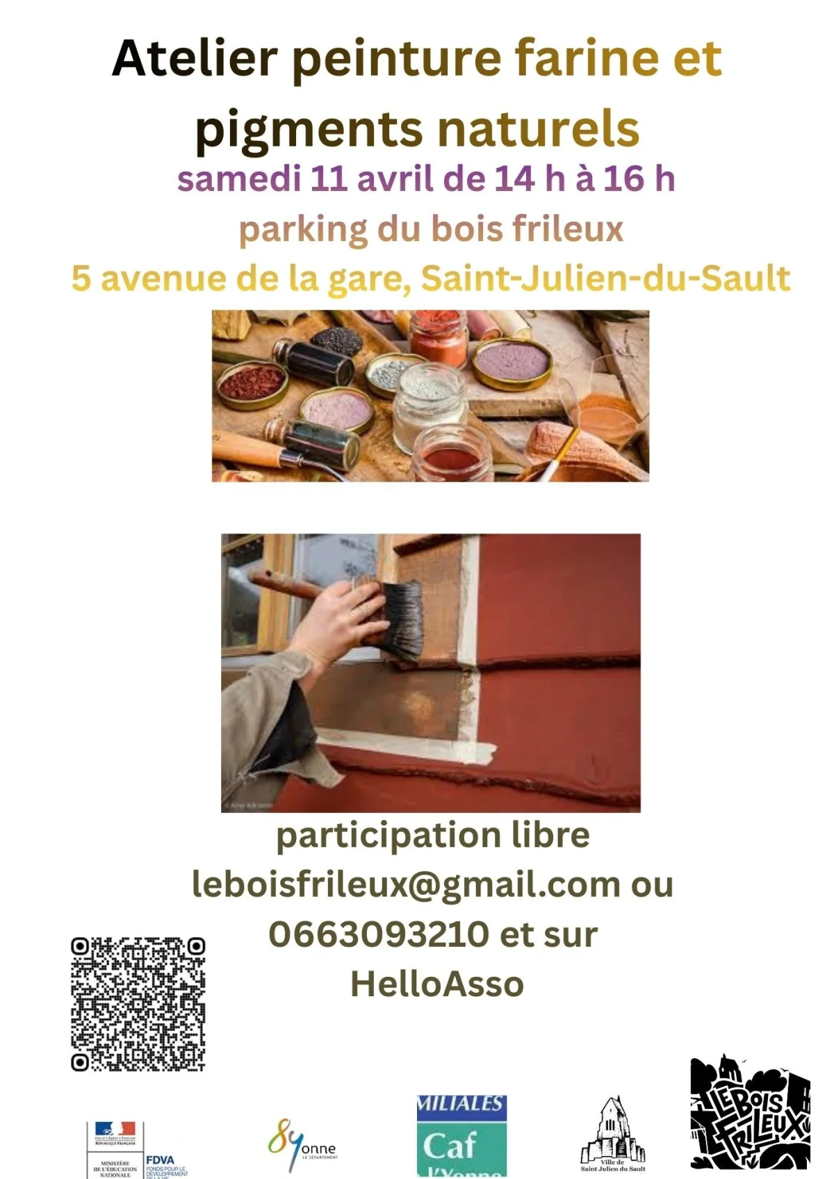 Fabrication de peinture à la farine et aux pigments naturels avec Laura Müller et Kevin Crespin (Crazy Spray) – Saint-Julien-du-Sault (Parking du Bois Frileux) (affiche de l’événement)