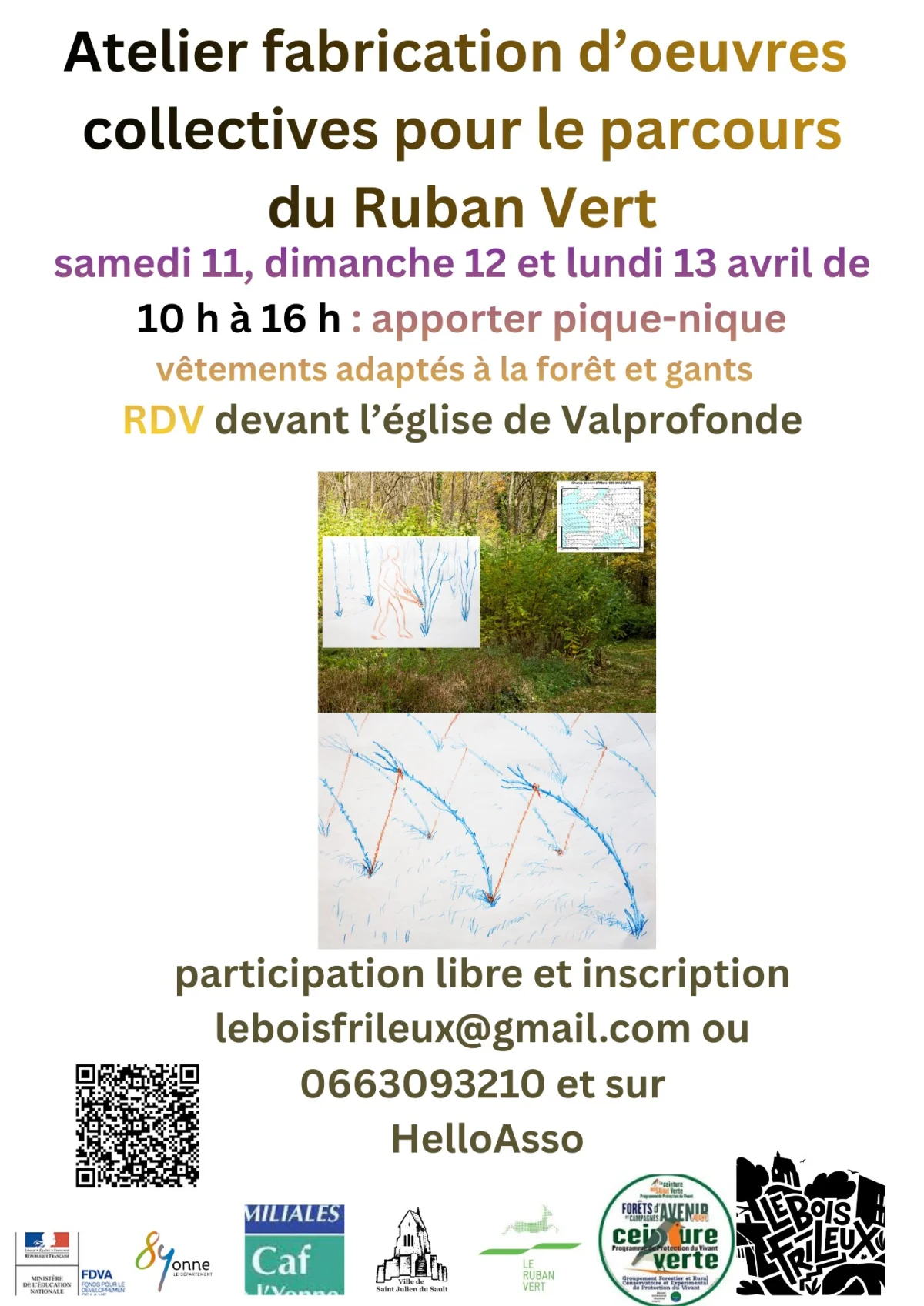 Ateliers de fabrication d'oeuvres collectives "Ar(c)acias" et "Mikado géant" dans la forêt de Valprofonde – Valprofonde / Villeneuve-sur-Yonne (Rendez-vous à l'église de Valprofonde) (affiche de l’événement)