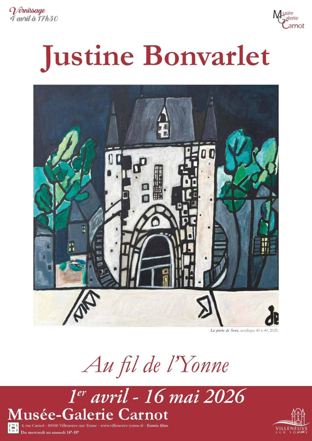Au fil de l'Yonne, Exposition de Justine Bonvarlet – Villeneuve-sur-Yonne (Musée-Galerie Carnot) (affiche de l’événement)
