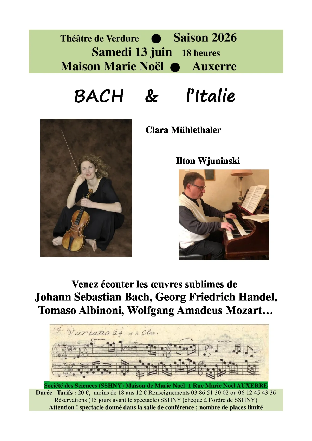 Concert : "Bach & l’Italie" par Clara Mühlethaler et Ilton Wjuninski (Oeuvres de Johann Sebastian Bach, Georg Friedrich Handel, Tomaso Albinoni, Wolfgang Amadeus Mozart...) – Auxerre (Théâtre de Verdure / Maison Marie Noël) (affiche de l’événement)