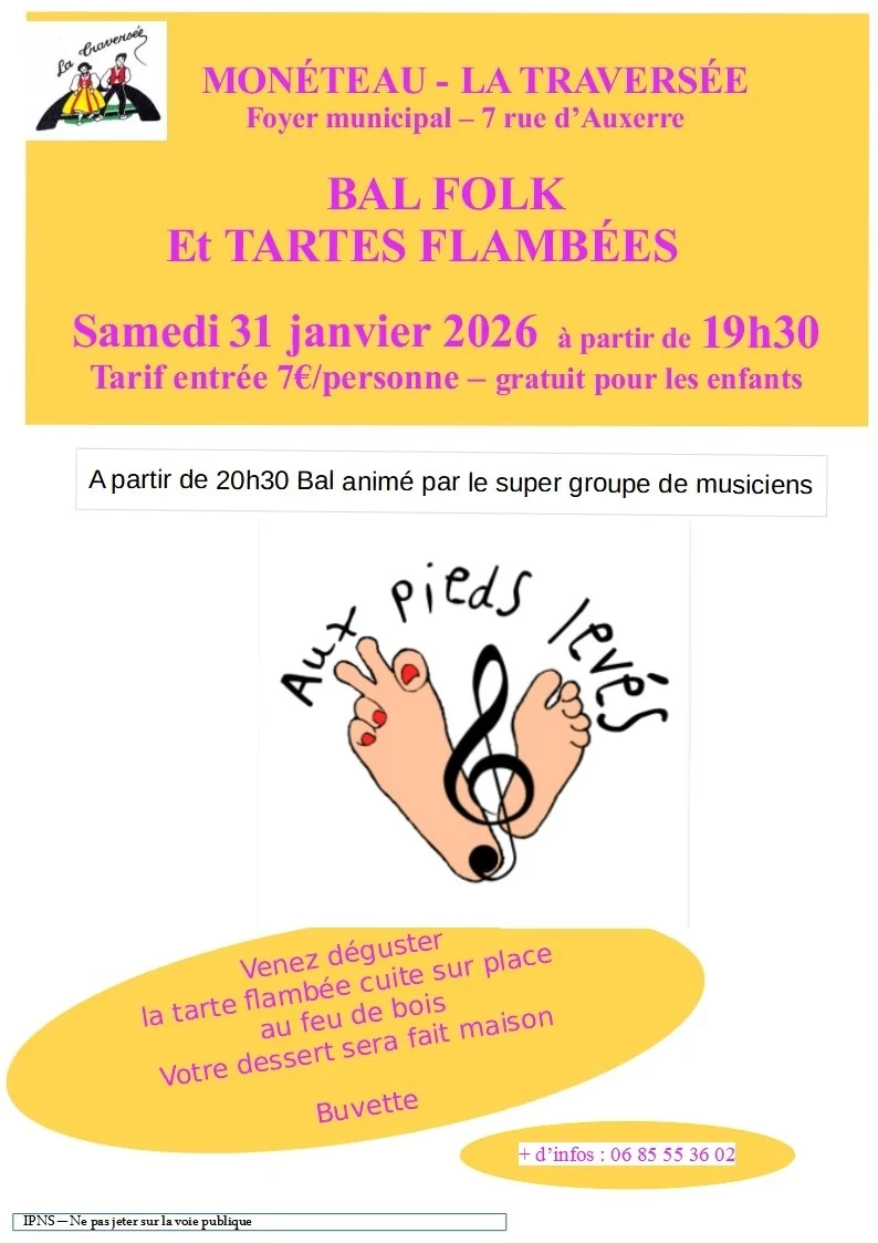 Bal folk animé par le groupe Aux Pieds Levés et tartes flambées avec La Traversée de Monéteau – Monéteau (Foyer municipal) (affiche de l’événement)