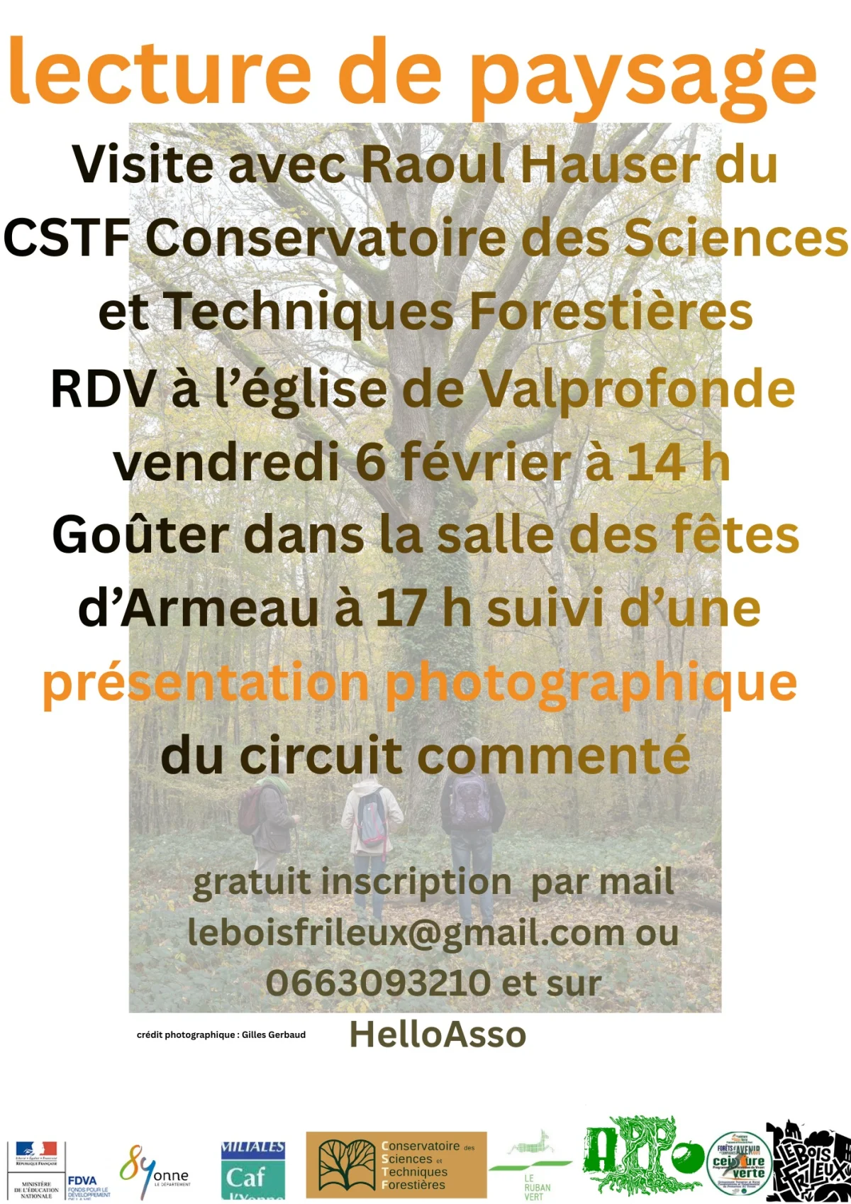 Balade commentée, goûter et conférence/débat à partir des photos de Gilles Gerbaud. – Valprofonde (Villeneuve-sur-Yonne) puis Armeau (Rendez-vous à l'église de Valprofonde puis à la salle des fêtes d'Armeau) (affiche de l’événement)