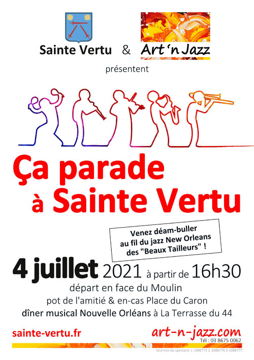 Concert Jazz New Orleans et déambulation de rue : "Ça parade à Sainte-Vertu" avec le groupe "Les Beaux Tailleurs" (small band de référence dans le monde du jazz) – Sainte-Vertu (Rues du village / Départ en face du Moulin / pot et en-cas Place du Caron) (affiche de l’événement)