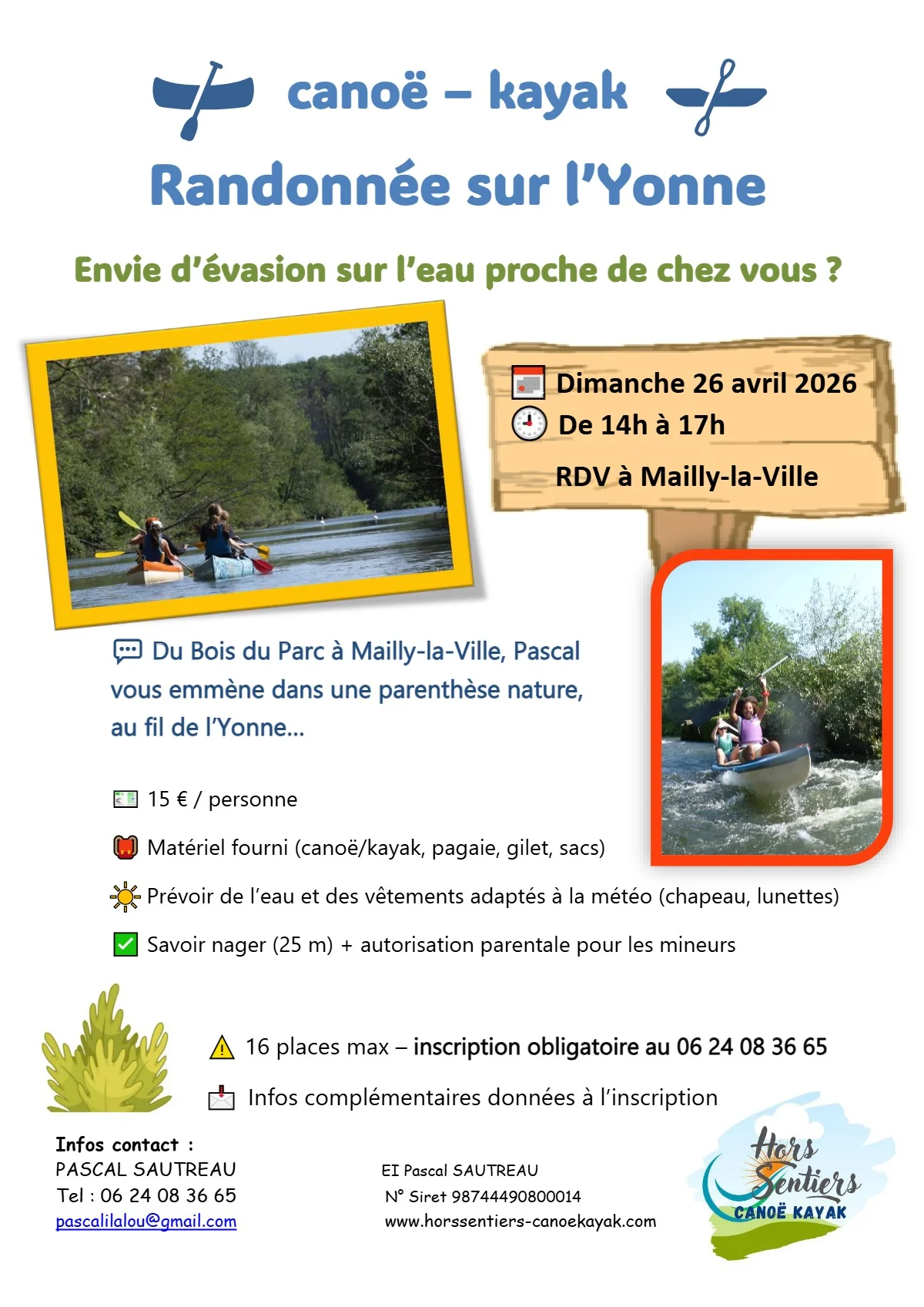 Canoë-kayak : Randonnée sur l'Yonne avec Hors Sentiers Canoë Kayak et Pascal – Mailly-la-Ville (Rdv à l'ancien lavoir / sous la mairie) (affiche de l’événement)