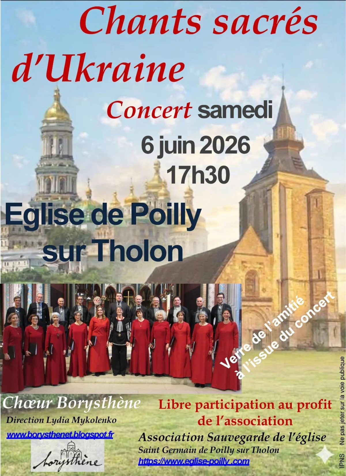 Chants sacrés d'Ukraine interprétés par la chorale Borysthène dirigée par Lydia Mykolenko – Poilly sur Tholon (Eglise de Poilly sur Tholon) (affiche de l’événement)