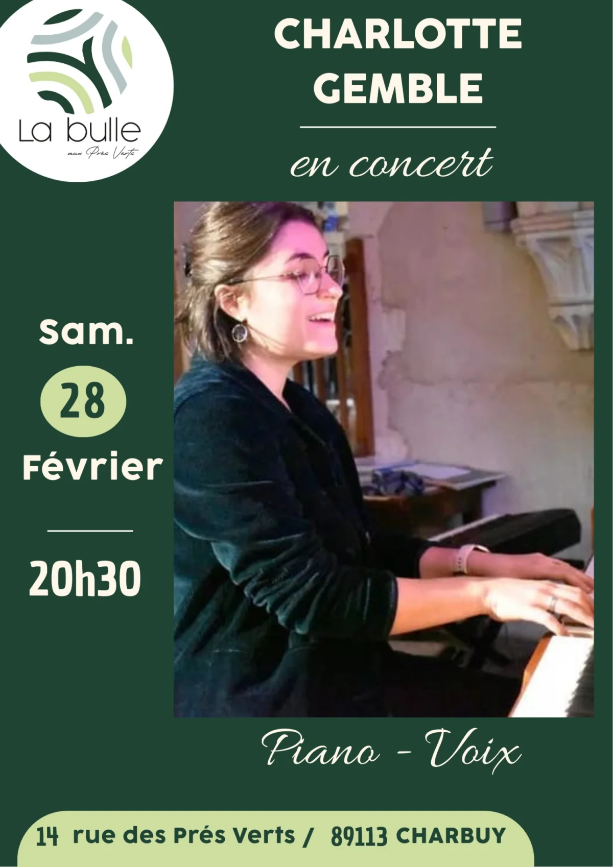 Concert avec Charlotte Gemble (Piano - Voix) – Charbuy (La Bulle aux Prés Verts) (affiche de l’événement)