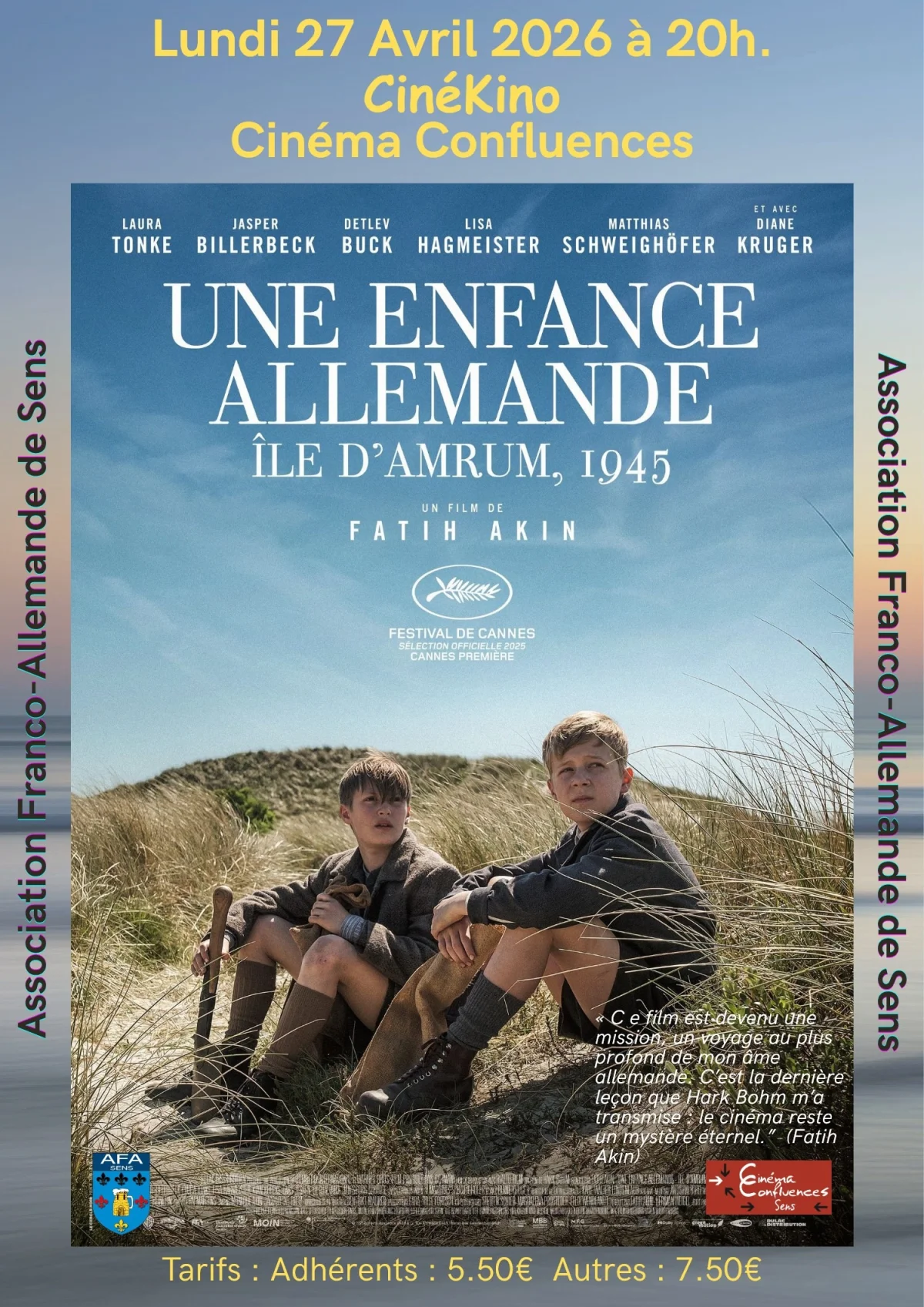CinéKino, le ciné-club de l’Association Franco-Allemande de Sens, présente « Une enfance allemande – Ile d’Amrum , 1945 » (2025), film de Fatih Akin (V.O. sous-titrée). – Sens (Cinéma Confluences) (affiche de l’événement)