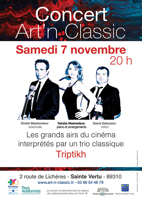 CONCERT ART'N CLASSIC : LES GRANDS AIRS DU CINEMA joué par le trio classique Triptikh (piano, violon, violoncelle)