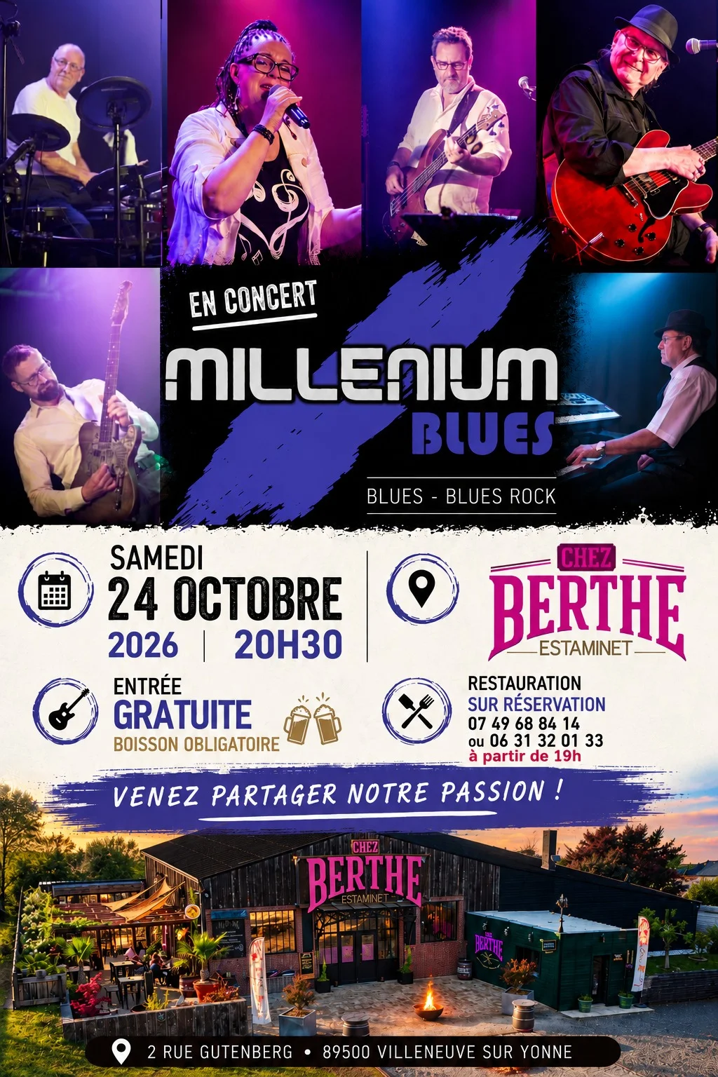 Concert blues et blues rock avec le groupe Millenium Blues – Villeneuve-sur-Yonne (Chez Berthe) (affiche de l’événement)