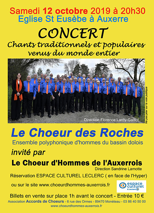 CONCERT (chants traditionnels et populaires du monde) avec LE CHOEUR DES ROCHES (ensemble polyphonique d'hommes du bassin dolois  / direction Florence Lardy-Gaillot) et LE CHOEUR D'HOMMES DE L'AUXERROIS (direction Sandrine Lamotte) – Auxerre (Église Saint-Eusèbe)