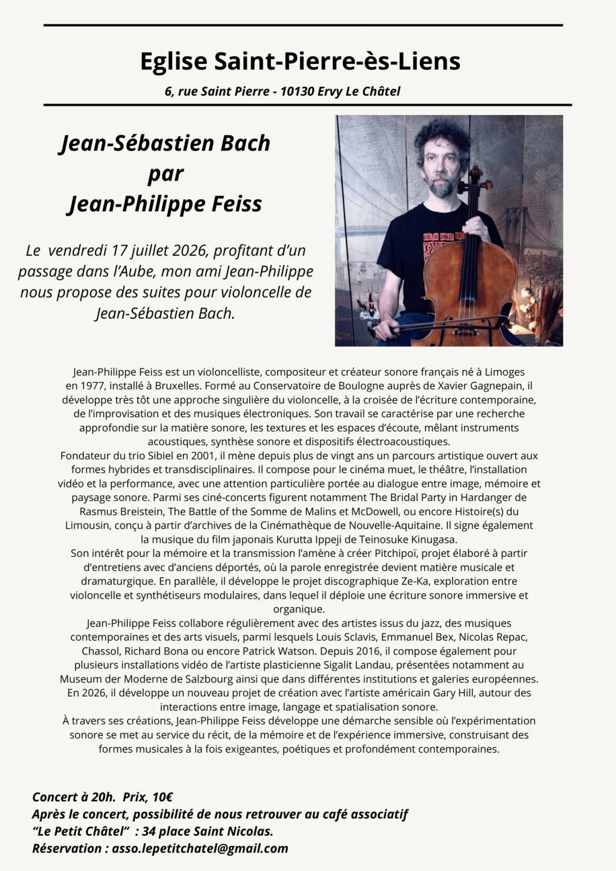 Concert Classique le 17 JUIL., Jean-Philippe Feiss : les suites pour violoncelle de Bach – Ervy-le-Châtel / Aube (6, rue Saint Pierre - 10130 Ervy Le Châtel) (affiche de l’événement)