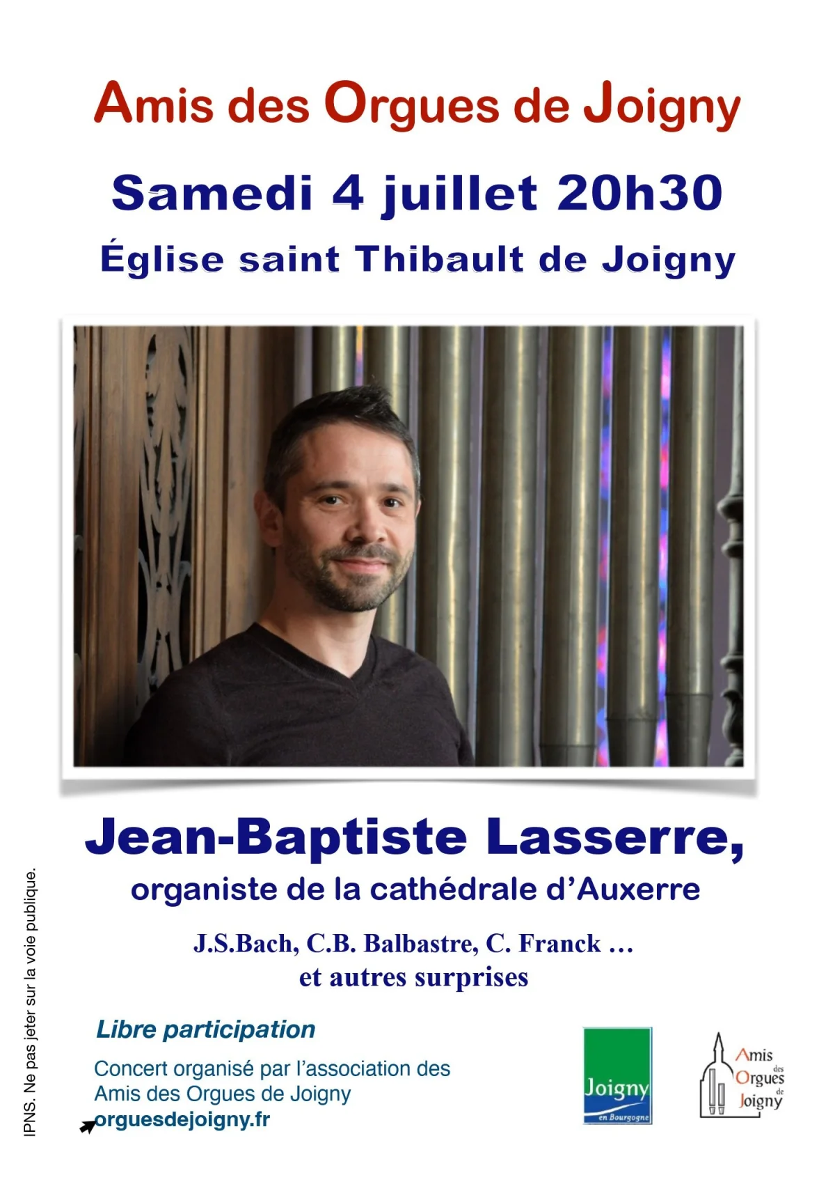 Annulé // Concert d'Orgue avec Jean-Baptiste Lasserre (organiste de la cathédrale d'Auxerre) : J.S. Bach, C.B. Balbastre, C. Franck... et autres surprises – Joigny (Eglise Saint Thibault) (affiche de l’événement)