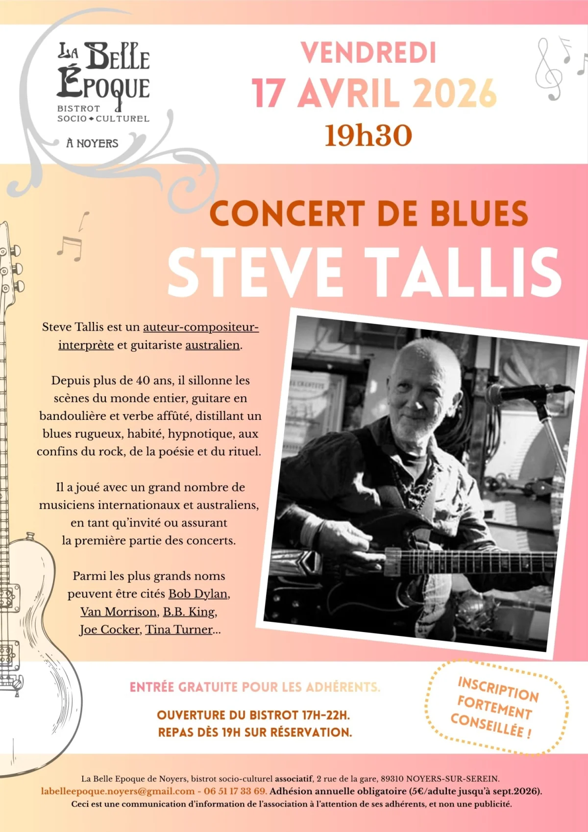 Concert de Blues de Steve Tallis – Noyers (La Belle Epoque de Noyers) (affiche de l’événement)