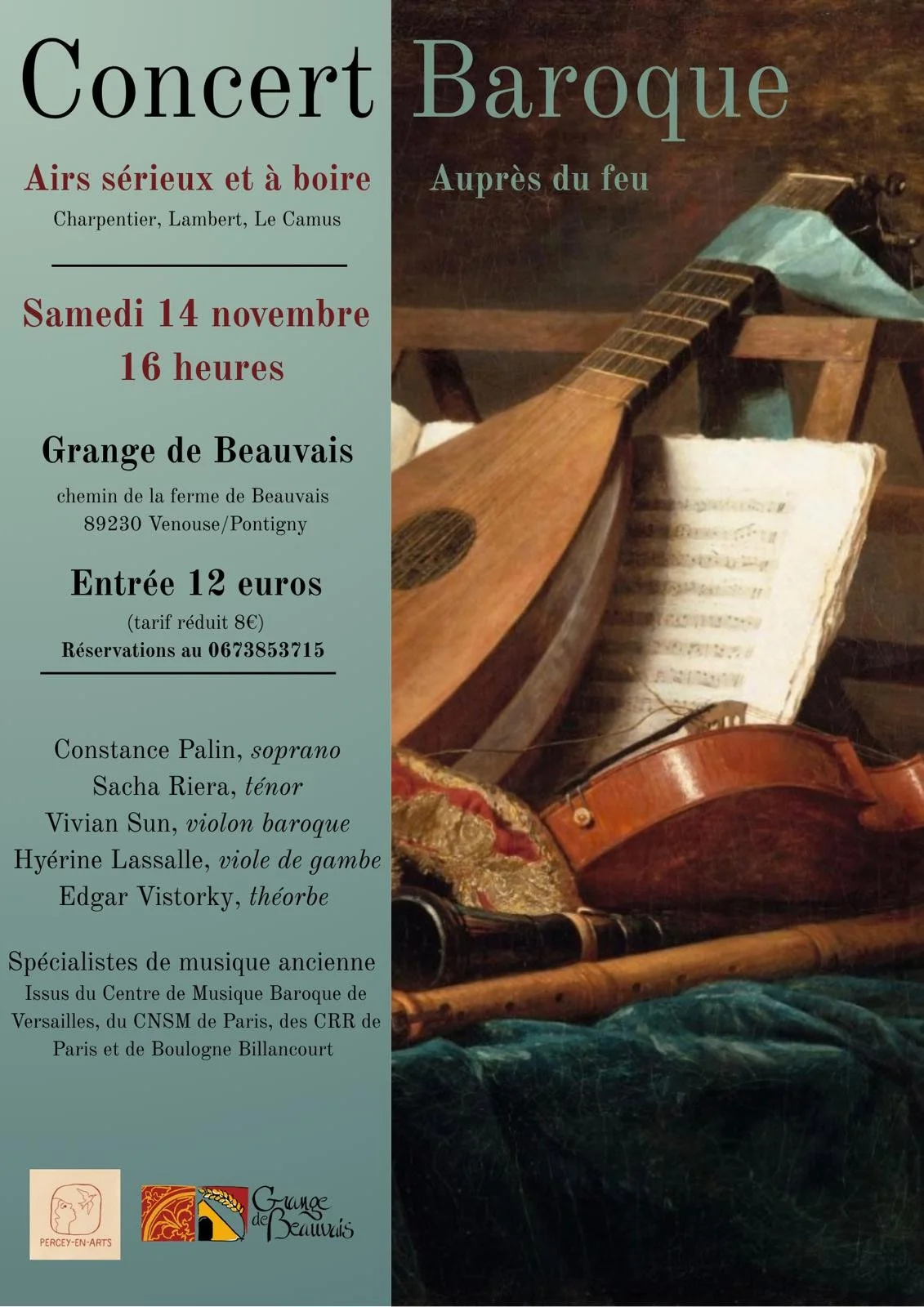 Concert baroque "Airs sérieux et à boire - Auprès du feu" (œuvres de Charpentier, Lambert et Le Camus) – Venouse (Grange de Beauvais) (affiche de l’événement)
