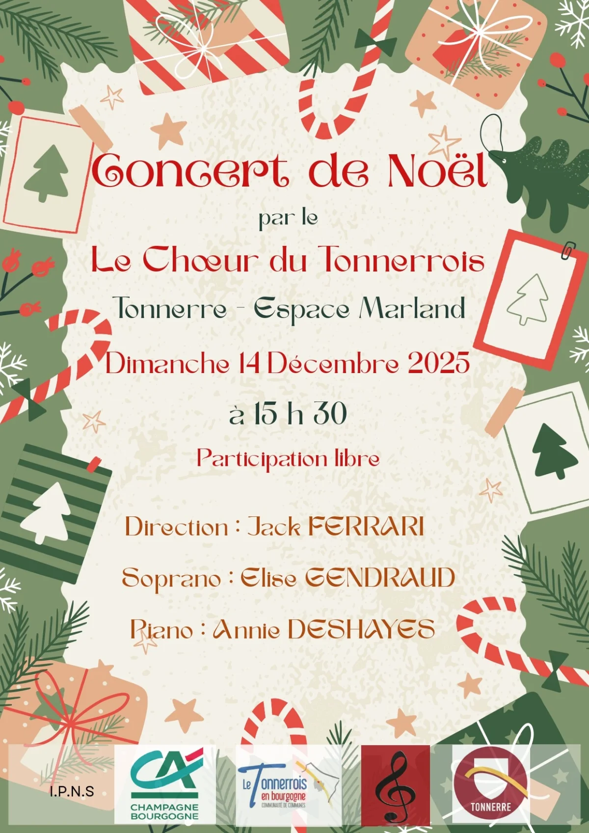Concert de Noël par le Choeur du Tonnerrois (Direction Jack Ferrari) avec Elise Gendraud (Soprano) et Annie Deshayes (Piano) – Tonnerre (Espace Marland) (affiche de l’événement)