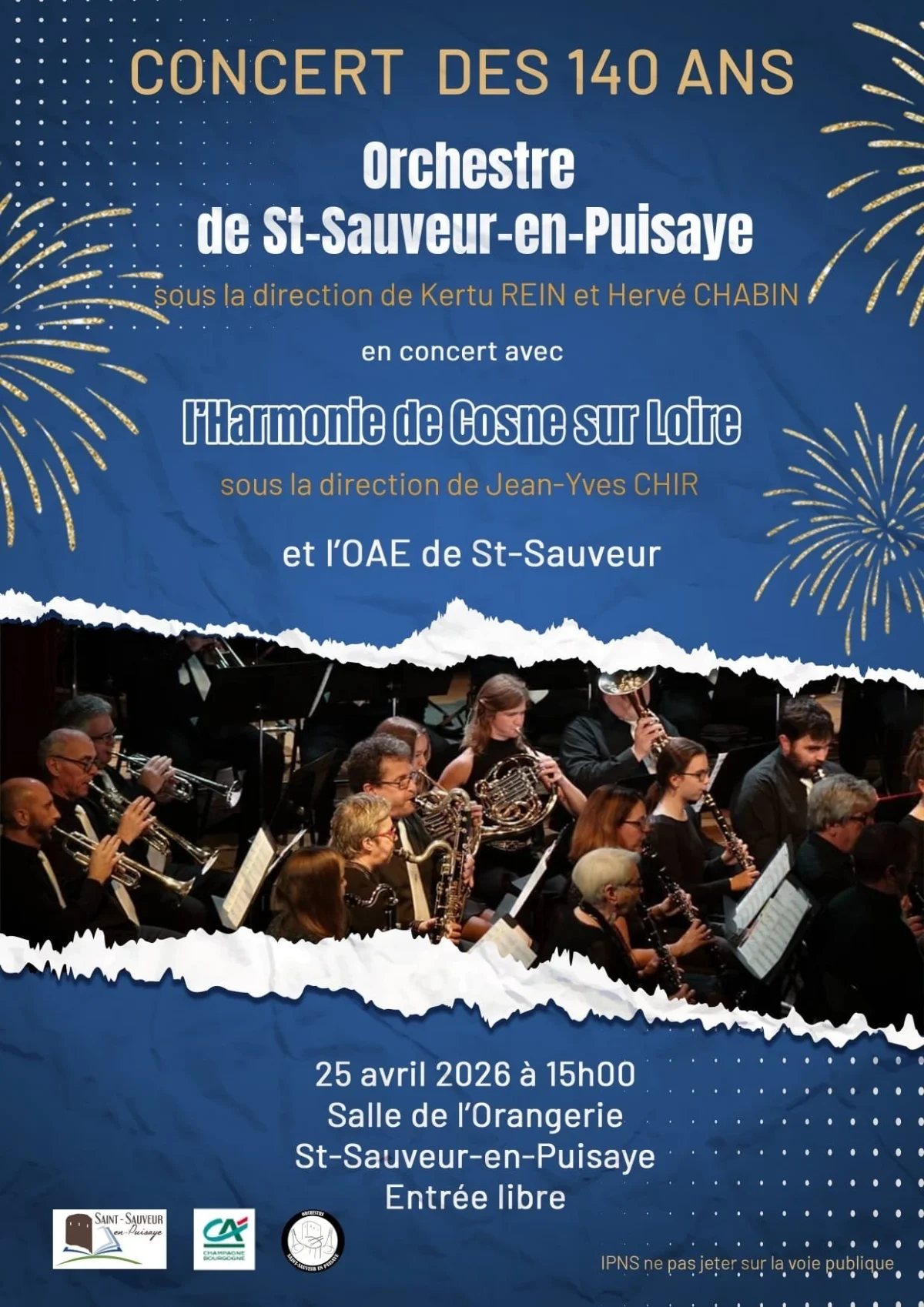 Concert des 140 ans de l’Orchestre de St Sauveur en Puisaye avec l’orchestre à l’école (OAE) du primaire de St Sauveur et l’harmonie de Cosne – Saint Sauveur en Puisaye (Salle de l’Orangerie) (affiche de l’événement)