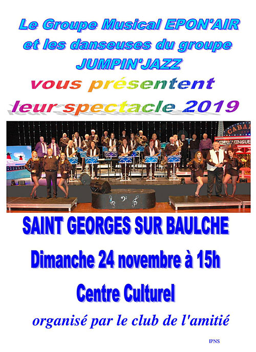 CONCERT avec le Groupe Musical EPON'AIR et les danseuses du groupe JUMPIN'JAZZ dans le cadre des Portes ouvertes du Club St-Georges Amiti + exposition de dentelles excutes par les dentellires du Club, d'aquarelles par les peintres, et activits du Clu