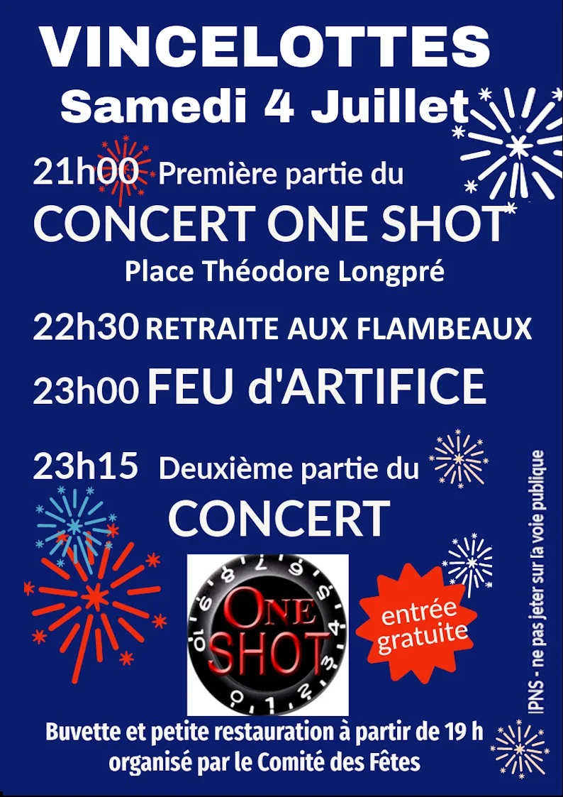 Concert avec One Shot (pop-rock) et Feu d'artifice – Vincelottes (place Théodore Longpré et Bords de l'Yonne) (affiche de l’événement)