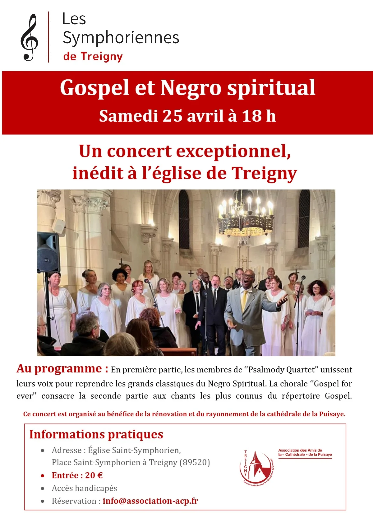 Concert Gospel et Negro spiritual avec Psalmody Quartet et la chorale Gospel for ever (inédit) dans le cadre des Symphoriennes de Treigny – Treigny (Eglise Saint Symphorien) (affiche de l’événement)