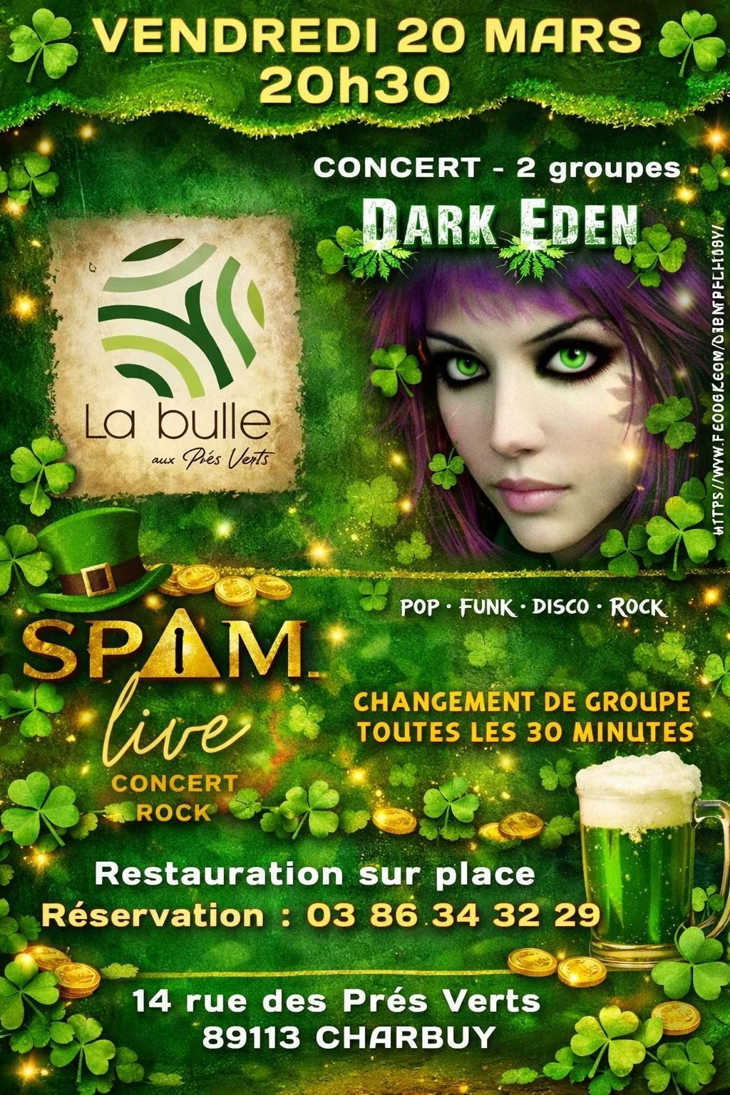 Concert avec les groupes Dark Eden (Pop / Funk / Disco) et Spam (Rock) dans le cadre de La Saint Patrick – Charbuy (La Bulle aux Prés Verts) (affiche de l’événement)