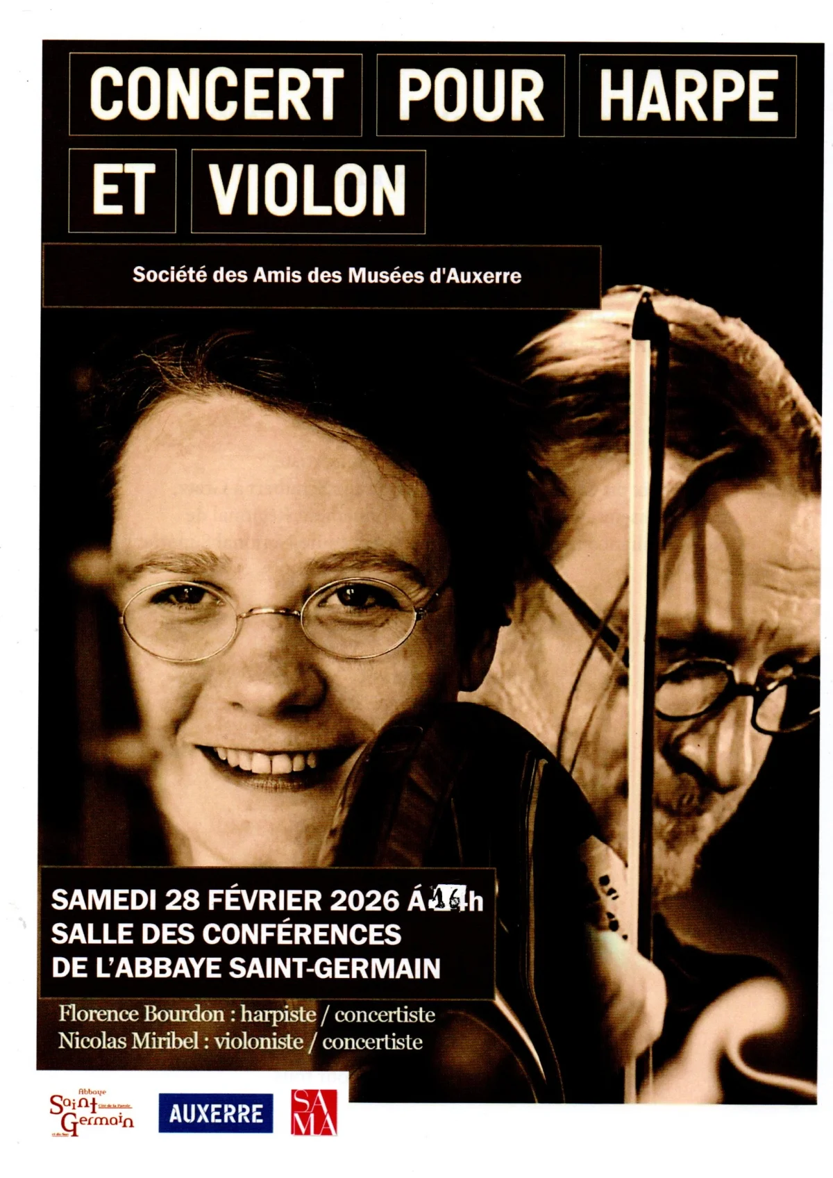 Concert pour harpe et violon avec Florence Bourdon (harpiste / concertiste) et Nicolas Miribel (violoniste / concertiste) – Auxerre (salle des conférences de l'Abbaye Saint-Germain) (affiche de l’événement)
