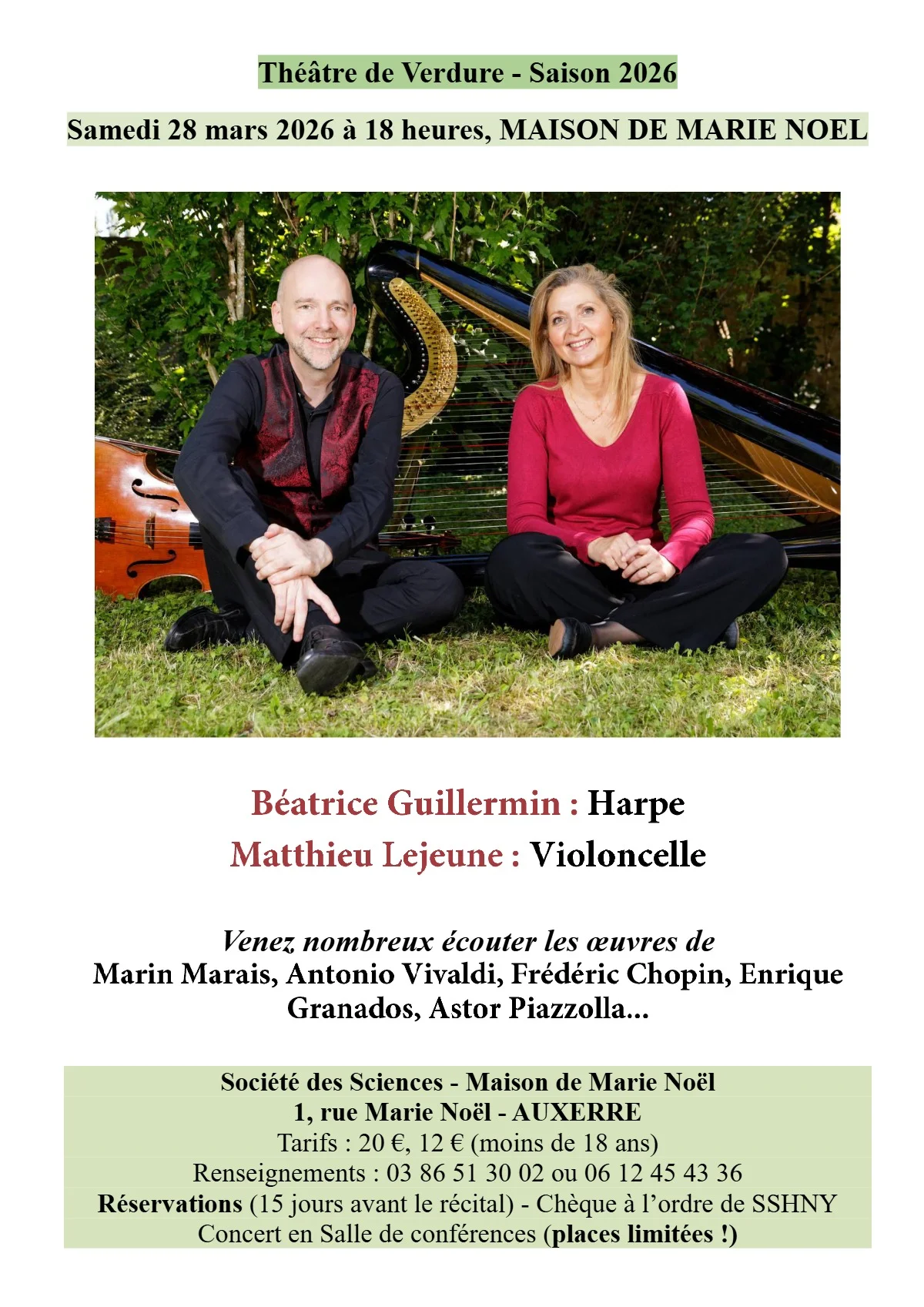 Concert avec Béatrice Guillermin (Harpe) et Matthieu Lejeune (Violoncelle) sur des oeuvres de Marin Marais, Antonio Vivaldi, Frédéric Chopin, Enrique Granados, Astor Piazzolla... – Auxerre (Théâtre de Verdure / Maison Marie Noël) (affiche de l’événement)