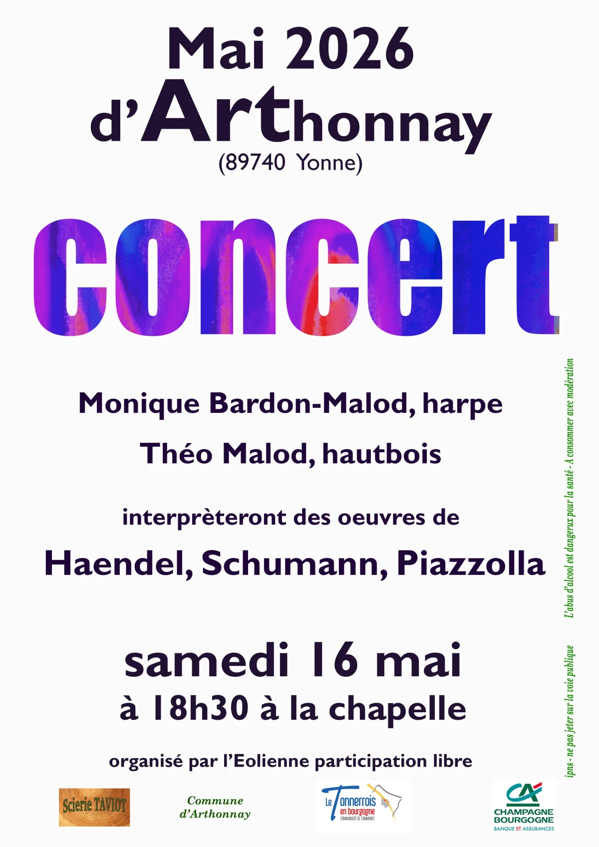 Concert de musique classique avec Monique Bardon-Malod (harpe) et Théo Malod (hautbois) / Oeuvres de Haendel, Schumann, Piazzolla (dans le cadre de Mai d'Arthonnay) – Arthonnay (Chapelle) (affiche de l’événement)