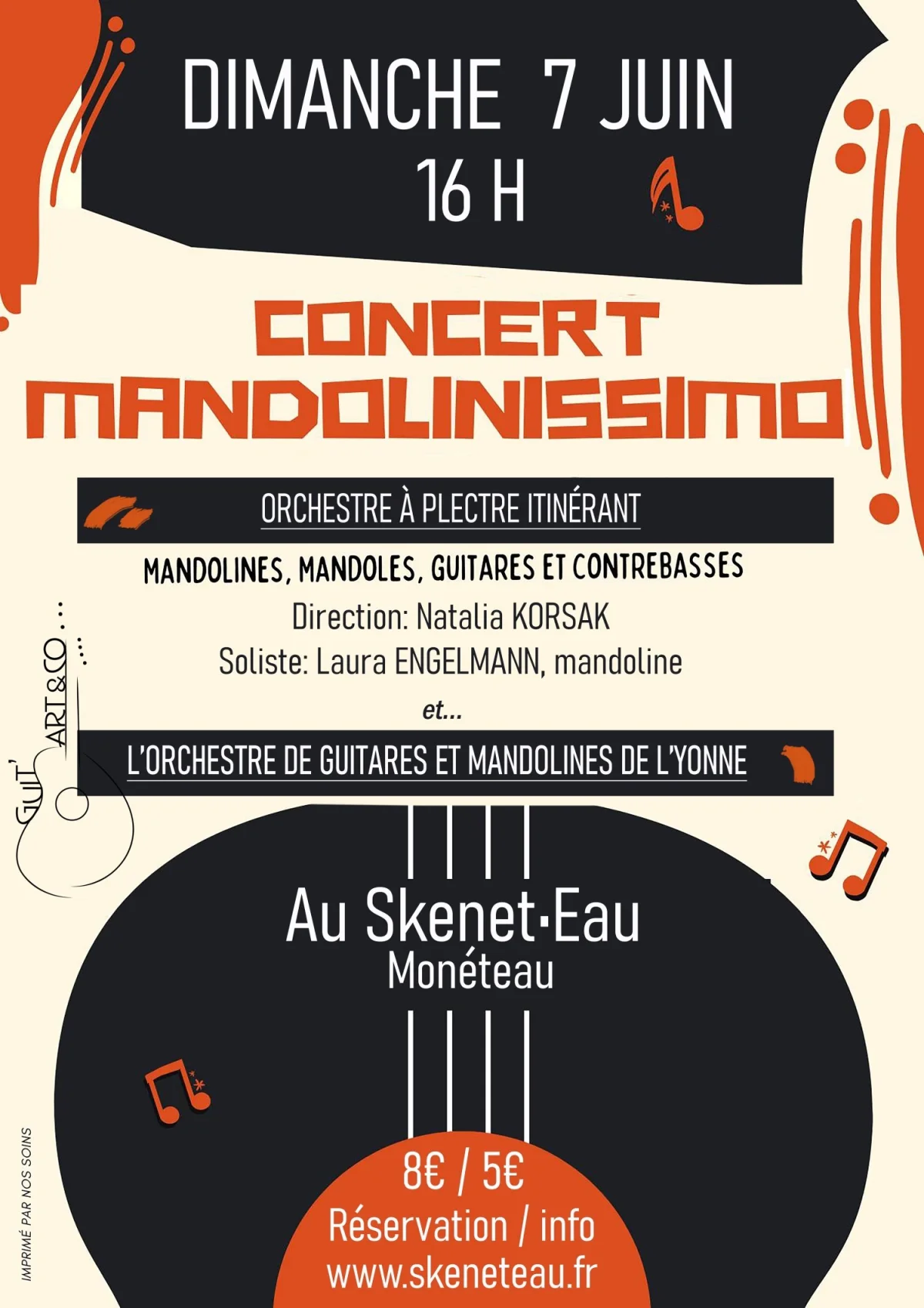 Concert "Mandolinissimo" avec l’Orchestre à plectre itinérant (mandolines, mandoles, guitares et contrebasses) et l’Orchestre de guitares et mandolines de l’Yonne – Monéteau (Le Skenet•Eau) (affiche de l’événement)