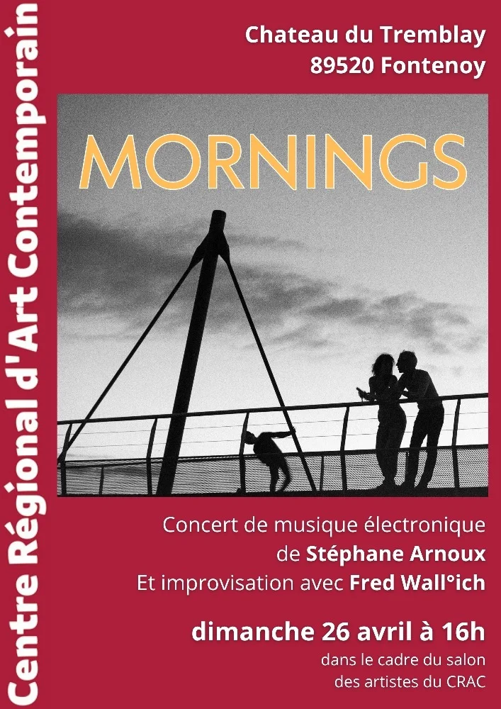 "Mornings" : Concert de musique électronique  de Stéphane Arnoux et improvisation avec Fred Wall'ich (dans le cadre du salon des artistes du CRAC) – Fontenoy (Centre Régional d'Art Contemporain / Château du Tremblay) (affiche de l’événement)