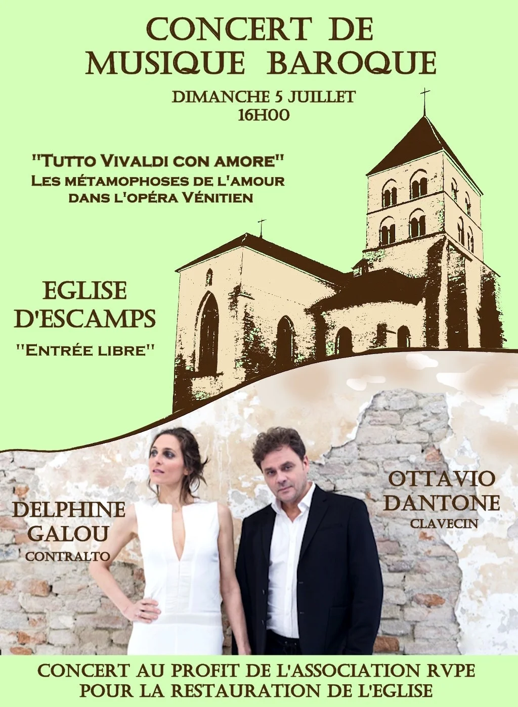 Concert de musique baroque "Tutto Vivaldi con Amore" Les métamorphoses de l'amour dans l'opéra vénitie : Delphine Galou, contralto et Ottavio Dantone, clavecin interprètent des airs d'opéra. – Escamps (Eglise Saint-Georges) (affiche de l’événement)
